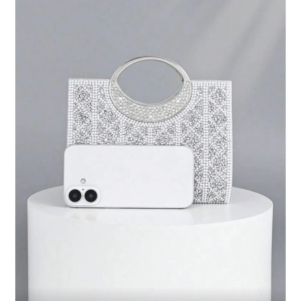 Opulaura Silver Rhinestone Pearl Evening Clutch Bag Wedding‎ Formal Crossbody